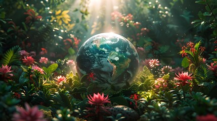Obraz na płótnie Canvas An Earth globe surrounded by lush greenery and wildlife, symbolizing environmental conservation for Earth Day List of Art Media digital art