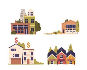 Various Building Styles Representing Real Estate Market Research. Modern And Traditional Houses, Apartments, And Offices