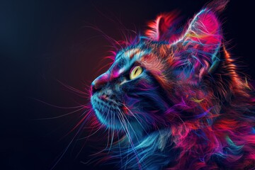 Neon Cat Portrait, Colorful fur with glowing effect, Digital Artwork