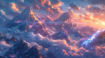 A photo of a fantasy castle with crystal towers, a sunset sky with dragon silhouettes and magical auras in the background