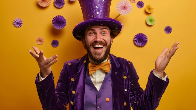Entertainer in vibrant purple costume and top hat joyfully presenting new holiday circus show program against a yellow background