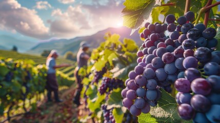 Vineyard Harvest, Close-up of ripe grapes with blurred workers, Wine Production