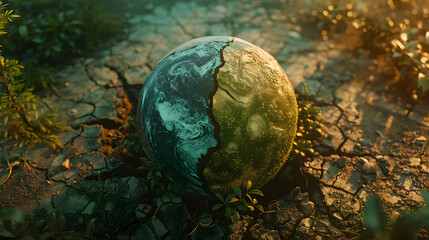 Globe or world with two side, beautiful world and dry world, Global warming and increasing natural disaster problems