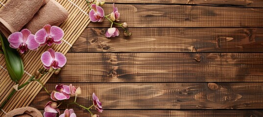 Fototapeta premium Relaxing Spa Menu Mockup with Orchids and Towels on Bamboo Mat for Wellness Design Projects