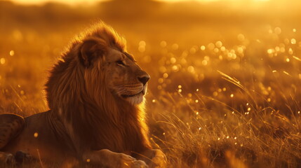 majestic lion basking in the golden light of the savannah
