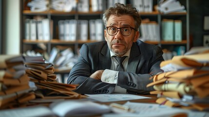 Obraz premium Exhausted business professional in a suit leaning on a desk filled with stacks of documents, expressing frustration and fatigue in a busy office