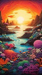 Fototapeta premium Plasticine art, An otherworldly beach with kaleidoscopic selkies basking under a vivid sunset