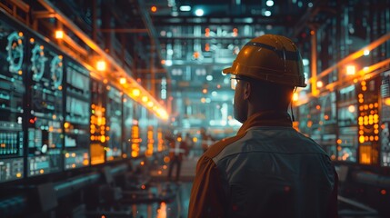 Industrial engineer in a hard hat monitoring futuristic control panels in a high-tech factory environment with glowing displays and machinery