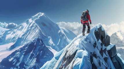 mountain climber reaching the summit of a snowy peak - Powered by Adobe