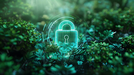 Cyber security and environmental conservation concept, hologram of padlock icon on center, nature and ecosystem background