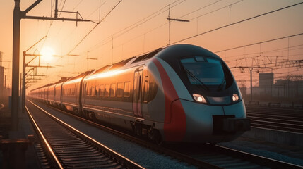 Naklejka premium High Speed Bullet Train on Railway at Sunset with Orange Sky and Modern Tracks in the Background