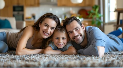 Joyful family relaxing on floor, parents and son enjoying quality time together, modern kitchen background