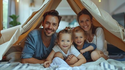 Smiling family inside makeshift tent, parents with two young children, playful and happy indoor activity