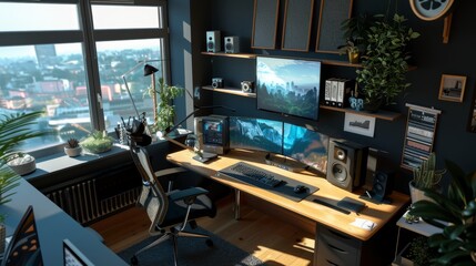 Modern Home Office with Ergonomic Furniture and Tech Equipment for Long-Term Remote Work