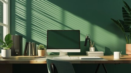 Modern home office with a green accent wall, a sleek desk setup, and a computer screen set up for chroma keying
