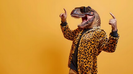 Naklejka premium Man in a dinosaur mask with sunglasses, wearing a leopard print jacket, gesturing enthusiastically on a yellow backdrop