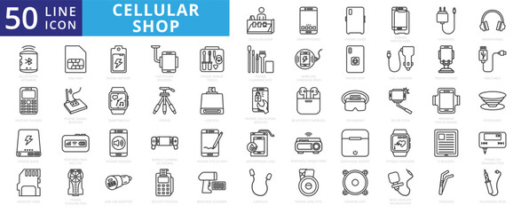 Cellular shop icon set with smartphones, phone cases, screen protectors, chargers, headphones and speakers.