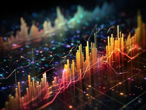 Abstract visualization of market trends with fluctuating lines and graphs, showcasing analysis and strategy close up, analysis theme, ethereal, composite, financial chart