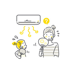 エアコンの状態を心配するお母さんと娘　シンプルでお洒落な線画イラスト