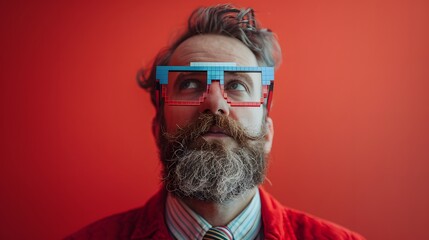 Serious young man portrait with pixelated glasses and a quirky mustache in a red jacket, blue background