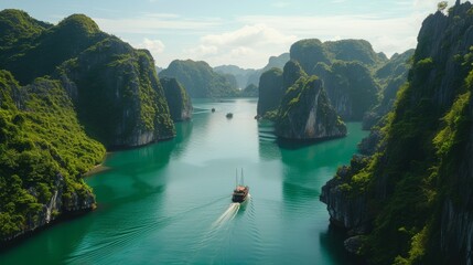 Panoramic shot of Halong Bay showcasing its iconic limestone karsts rising from the emerald waters