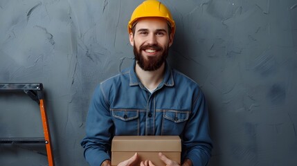 Cheerful repairman with a beard portrait, holding a toolbox, wearing a cap and blue uniform, grey...