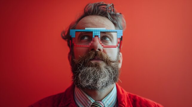 Serious young man portrait with pixelated glasses and a quirky mustache in a red jacket, blue background