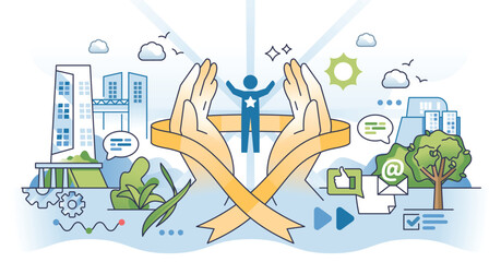 Employee retention with human resources management outline hands concept. Loyalty and labor satisfaction to retain colleagues vector illustration. Team engagement and staff appreciation with HR care.