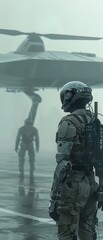 Fototapeta premium A soldier in futuristic gear stands before a hovering aircraft, looking towards another figure in the distance.