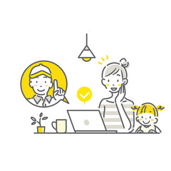 インターネットで家電の修理を依頼する若いお母さんと娘　シンプルでお洒落な線画イラスト