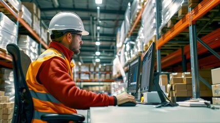 Warehouse worker using computer in storage facility. Man in reflective vest and helmet monitors inventory on computer. Industrial and logistic management setting. AI