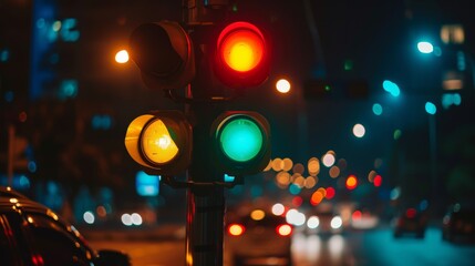 Traffic light in a city setting at night