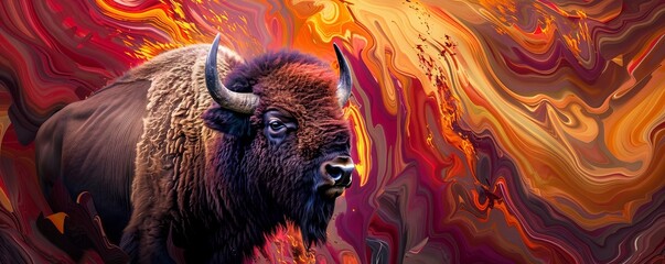 Bold bison in a sea of fiery abstract waves, visual feast