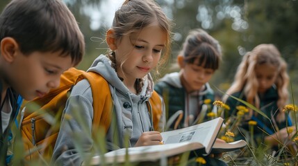 School children exploring nature and taking notes during outdoor biology class in a meadow