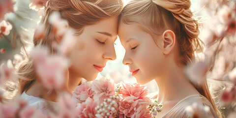 Mother and child loving each other framed by floral blossom frame 