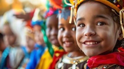 Children of various ethnicities participating in a holiday costume parade, cute and colorful scenes