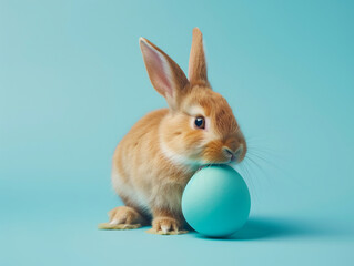 Obraz premium Rabbit and blue egg on a lush green background, close-up