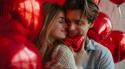 Young couple holding a red heart-shaped balloon, surrounded by red balloons, smiling and celebrating love and togetherness