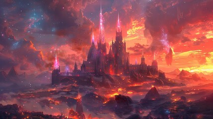 A photo of a fantasy castle with crystal towers, a sunset sky with dragon silhouettes and magical auras in the background