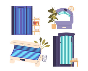 Different Types Of Tanning Beds And Solarium Equipment Used In A Spa Setting. Vertical And Horizontal Tanning Beds