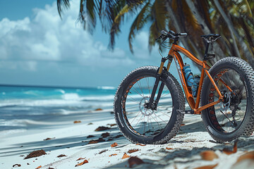 Fototapeta premium A bicycle with wide tires parked on a sandy beach, with palm trees and the ocean in the background