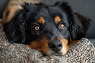 An adorable dog with captivating eyes rests its head on a cozy knitted fabric, exuding comfort and warmth