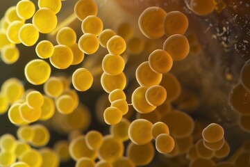 Detailed image of Staphylococcus aureus colonies, showcasing the grapelike clustering, suitable for bacterial research