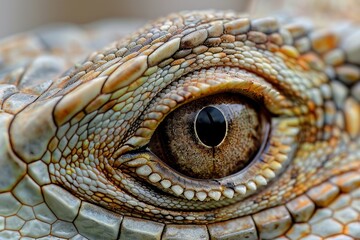 Fototapeta premium Detailed view of an iguanas eye, showcasing the scaly eyelids and sharp sight, ideal for reptilian sensory studies