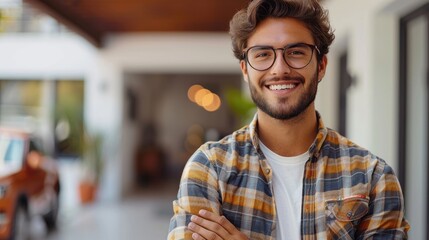 Obraz premium A cheerful young man wearing glasses and a plaid shirt, smiling confidently while standing outdoors, radiating positivity and friendliness.