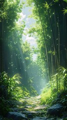 Obraz premium Digital scene of a tranquil bamboo forest, sunlight streaking through tall stalks , soft forest floor , noon , warm, dappled light