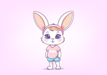 Vector standing cute beautiful young tender eared cartoon bunny blonde girl with blue eyes, in a pink T-shirt and blue little shorts. Friendly pet.