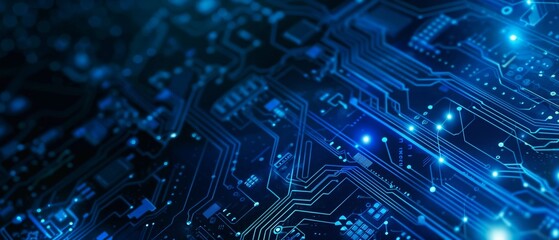 Obraz premium Futuristic neon blue and circuit board horizontal mobile web banner tech backdrop background for copy space.banner grunge backdrop