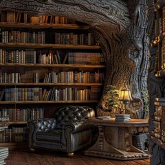 Cozy rustic library with leather armchair, wooden shelves, and warm lamp light, perfect for reading and relaxation.