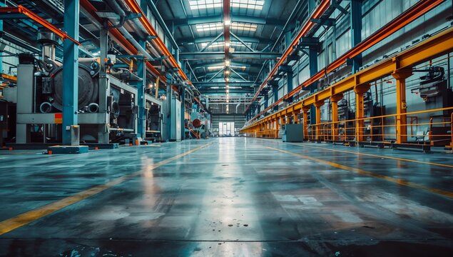Frontal view of empty, spotless factory floor with industrial equipment